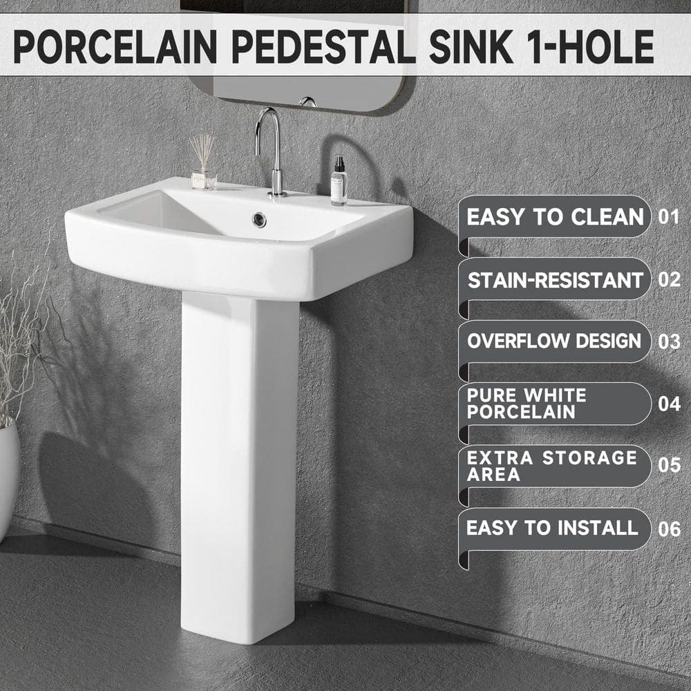WetBase 22 in. W Pedestal Sink Rectangular Ceramic Bathroom Pedestal Sink Combo in White with Overflow 1 Predrilled Faucet Hole (2)