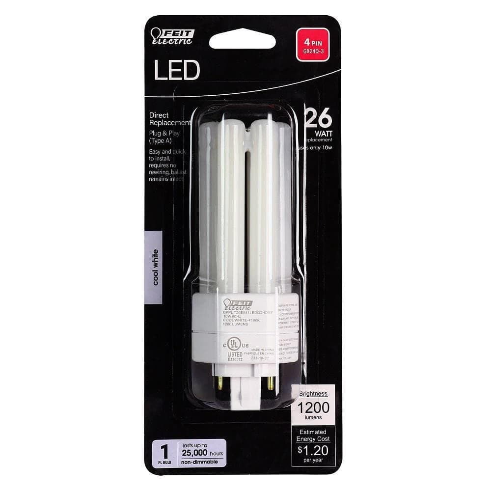 Feit Electric 26-Watt Equivalent PL Tritube CFLNI 4-Pin Plug-In GX24Q-3 Base CFL Replacement LED Light Bulb, Cool White 4100K (1-Pack) (3)