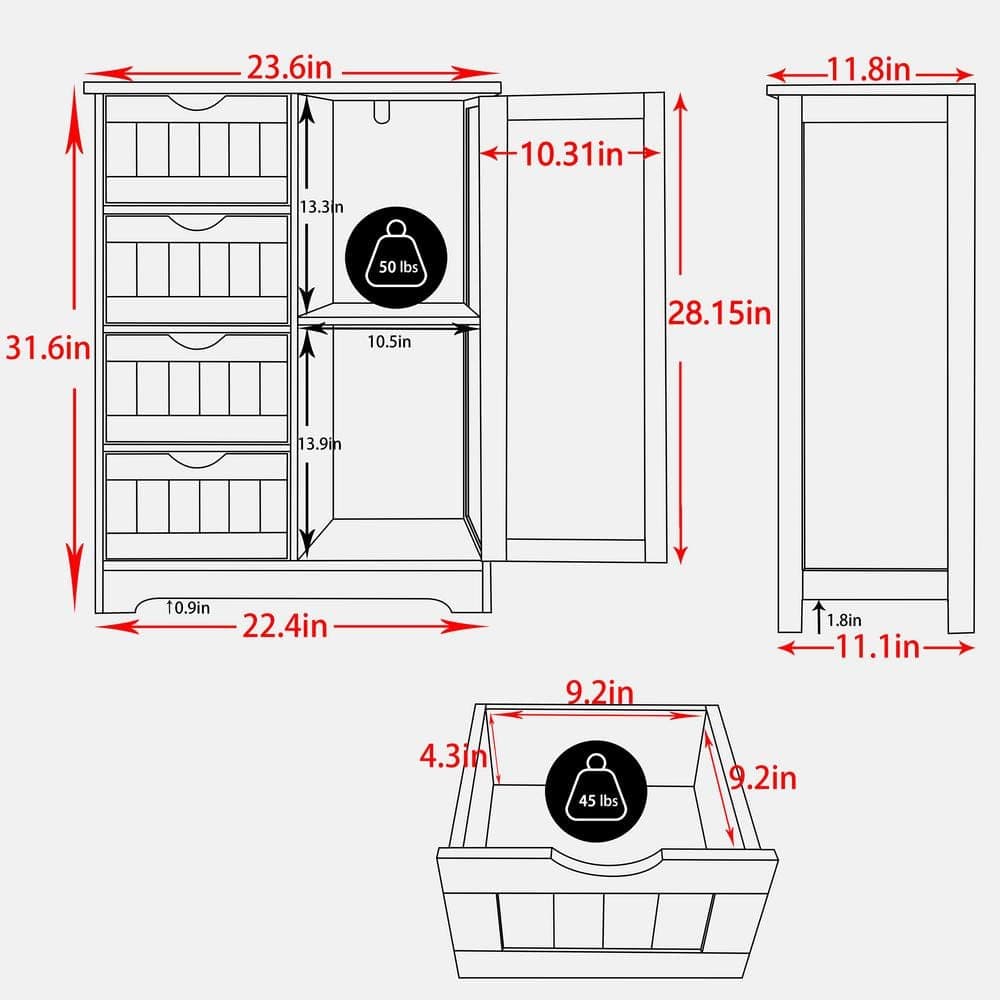 VEIKOUS 23.6 in. W 11.8 in. D 31.6 in. H Freestanding Linen Cabinet with Adjustable Shelf and 4-Drawer (3)
