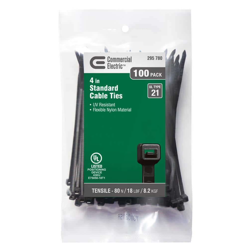 Commercial Electric 4in Miniature Standard UL 21 Rated Cable Zip Ties 100 Pack UV (Black)