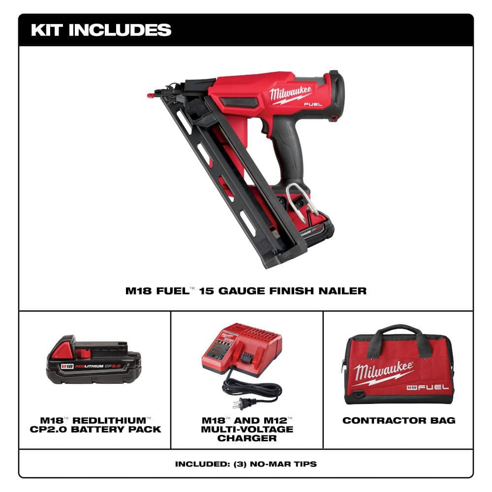 Milwaukee M18 FUEL 18-Volt Lithium-Ion Brushless Cordless Gen II 15-Gauge Angled Nailer Kit W/Random Orbit Sander (3)