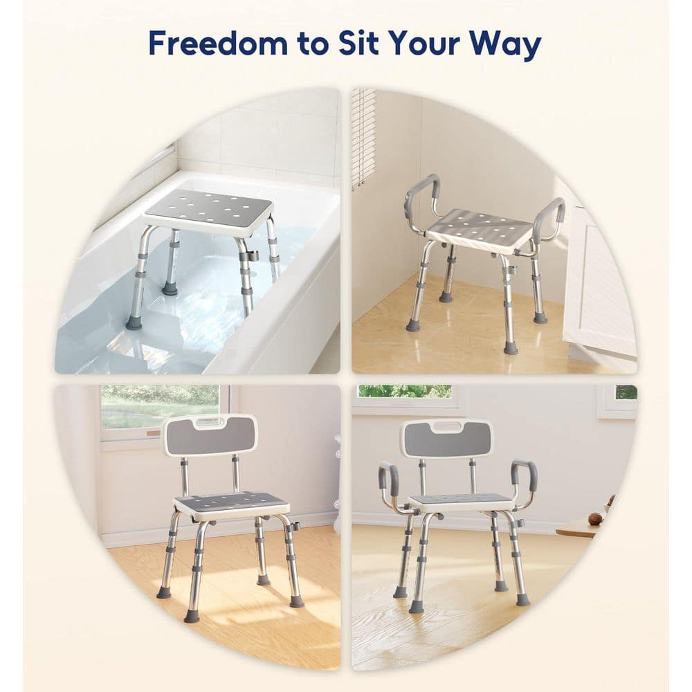 Wudkey 15.7 in. W Aluminum Shower Chair with Arms and Back in White, 500 lbs. Load, Adjustable Height Seat with Thickened Frame (3)