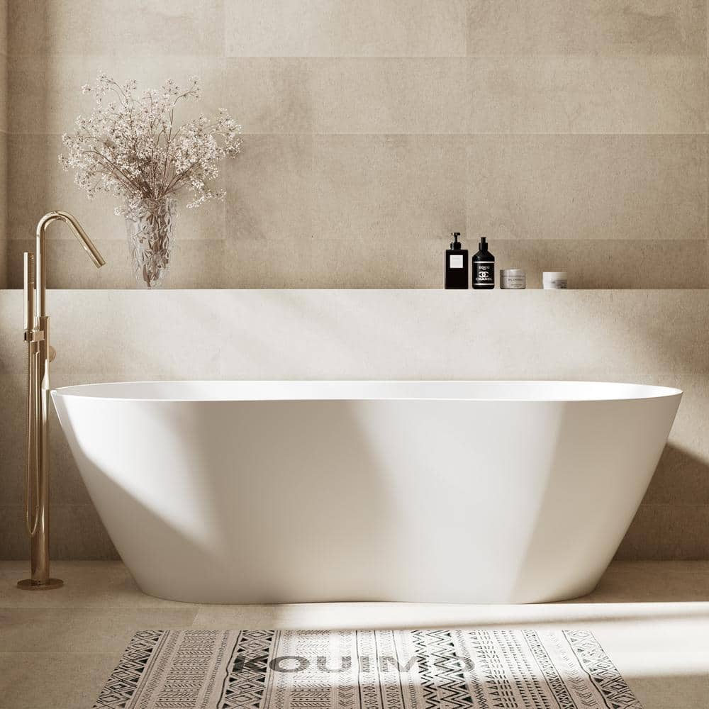 KOUIMO 71 in. Solid Surface Freestanding Soaking Bathtub with Drain, Flat Bottom, Matte White
