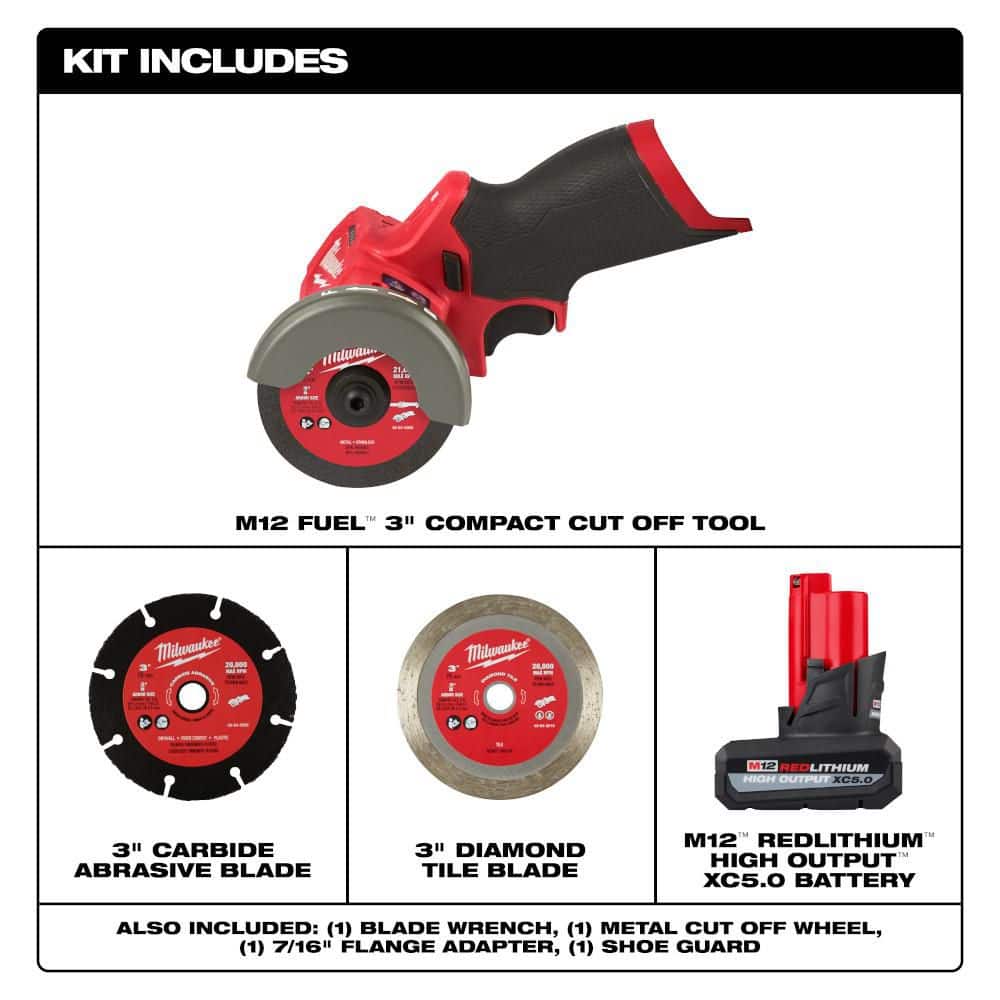 Milwaukee M12 FUEL 12V Lithium-Ion Brushless Cordless 3 in. Cut Off Saw, & 5. 0Ah Battery (2)