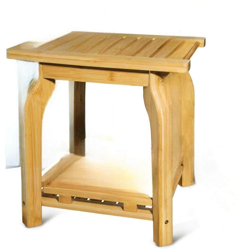 JFVKAF 16 in. W Waterproof 2-Tier Wood Shower Stool in Bamboo with Storage Shelf for Seniors Adults Disabled (1)