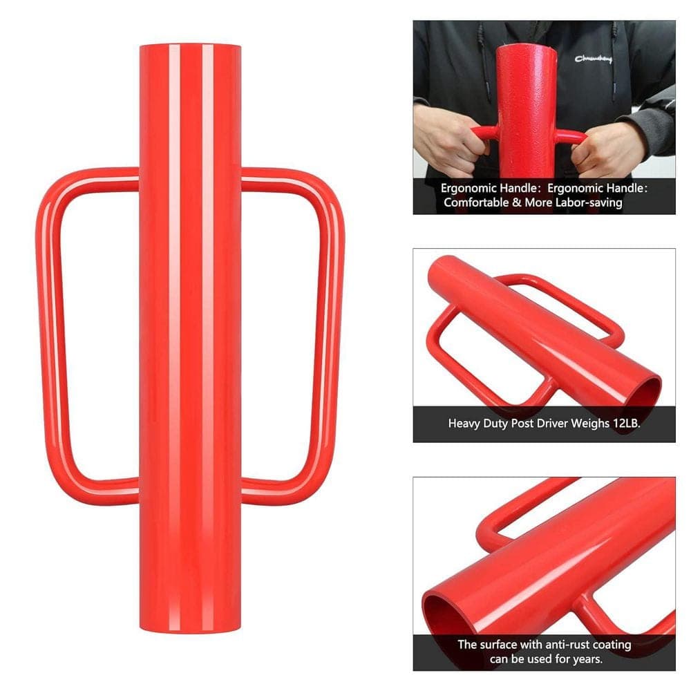 Afoxsos Steel Post Driver Red Heavy Duty Fence Post Pounder with Handles for T-Posts U Channel Metal Sign Pole 17 in. (2)