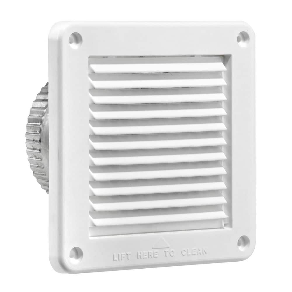Lambro 4 in. White Plastic Fresh Air Intake Vent with Mini Louvers, Removable Screen, and 3 in. Aluminum Pipe, White