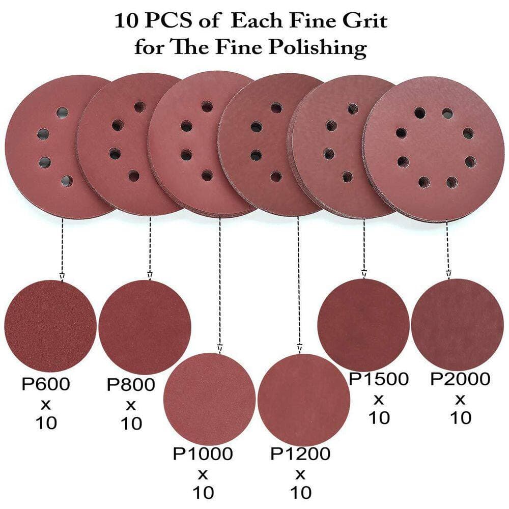 LAIFUCAM 5 in. 8-Hole Hook 600/800/1000/1200/1500/2000 Fine Grits for Random Orbit Sander, 60-Pack (3)