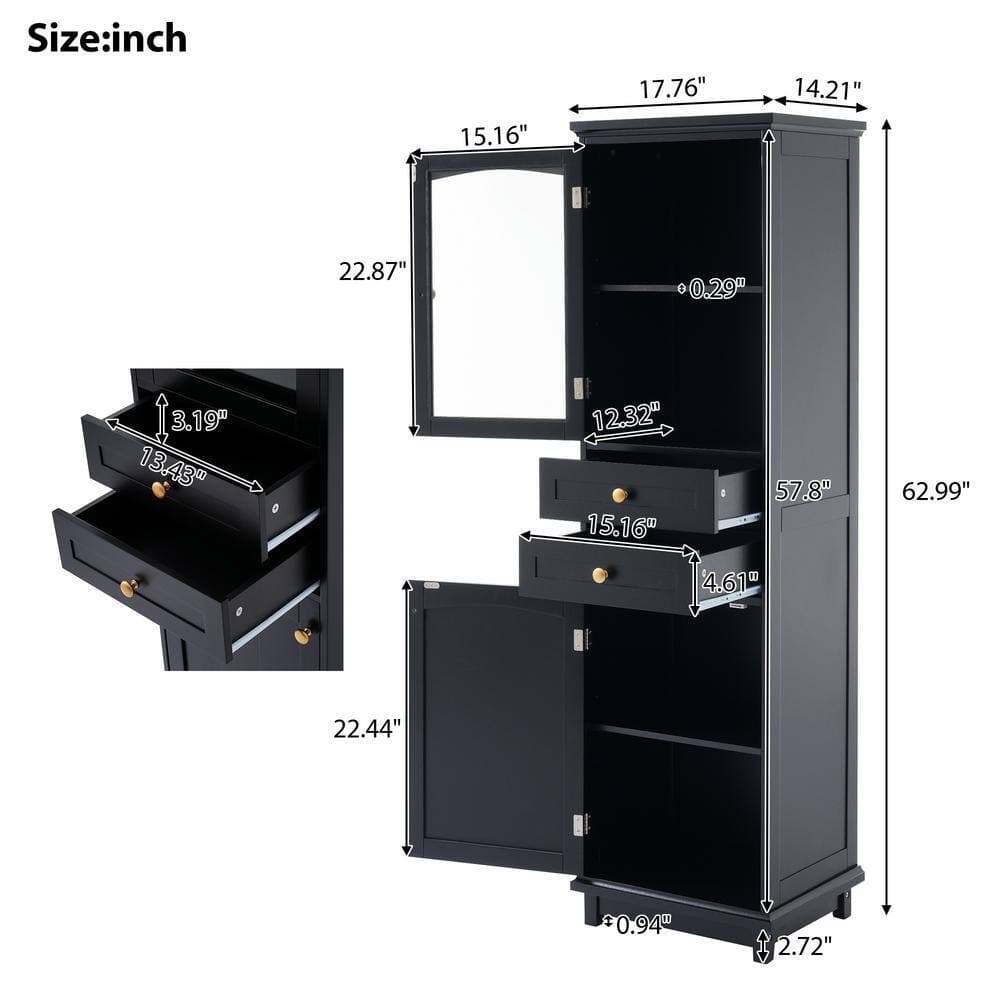 COWLOWN 17.76 in. D x 14.21 in. W x 62.99 in. H Bathroom Black Linen Cabinet (2)