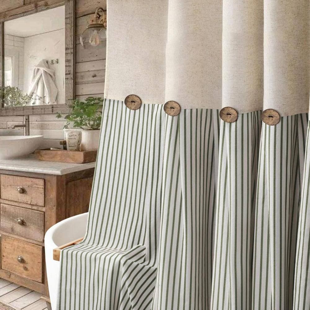 Unbranded 72" W x 72" L Rustic Shower Curtain Linen Button Woven Fabric,Green Stripe (2)