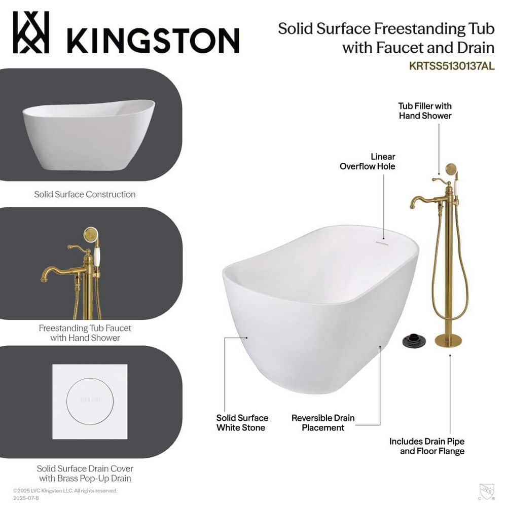 Kingston Brass Arcticstone 51.6 in. x 28.4 in. Surface White Stone Flatbottom Soaking Freestanding Bathtub in White/Brushed Nickel (3)