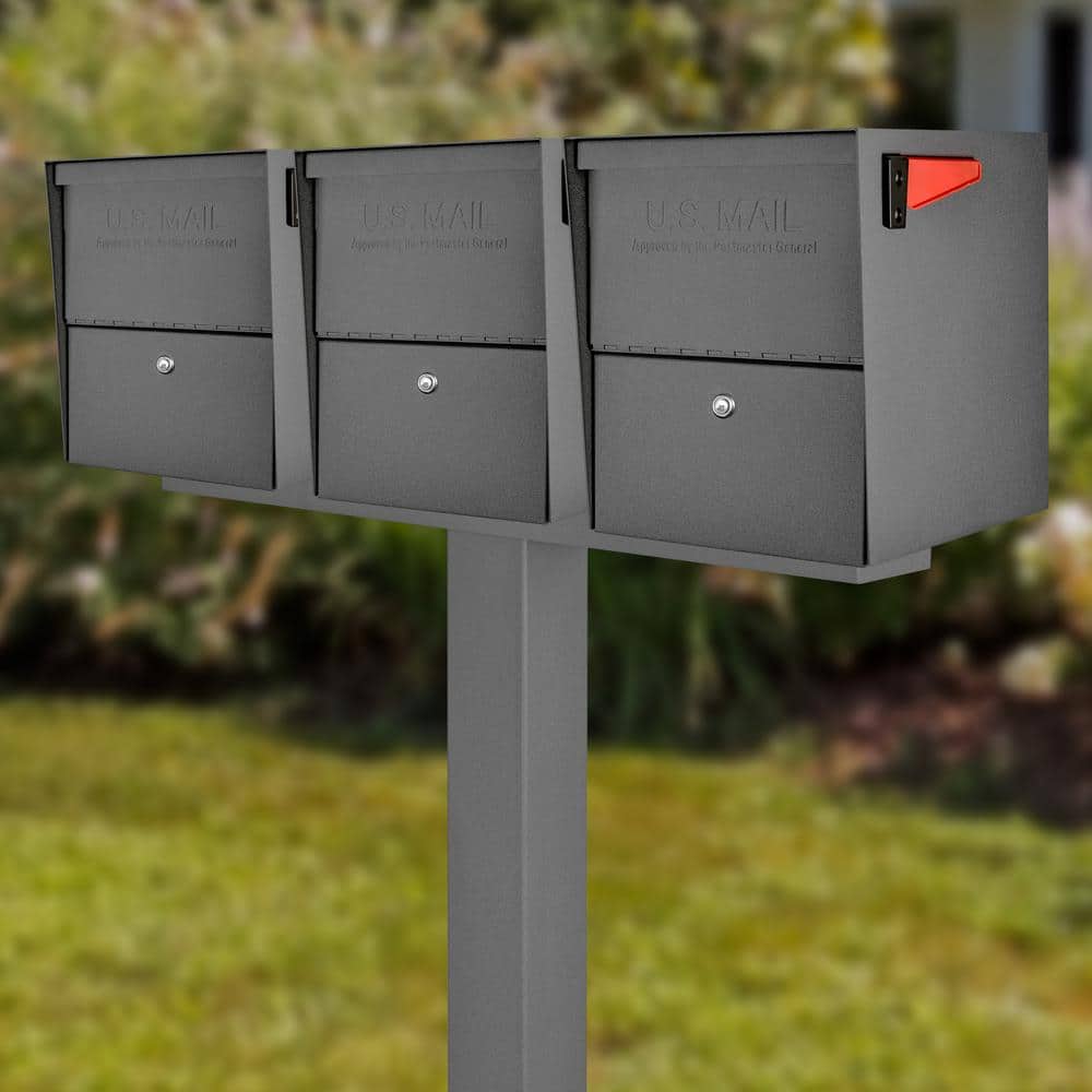 Mail Boss Package Master X3 Locking Post Mount Mailbox Combo Kit, Granite, In-Ground Post, 3-Compartment High Security Cluster