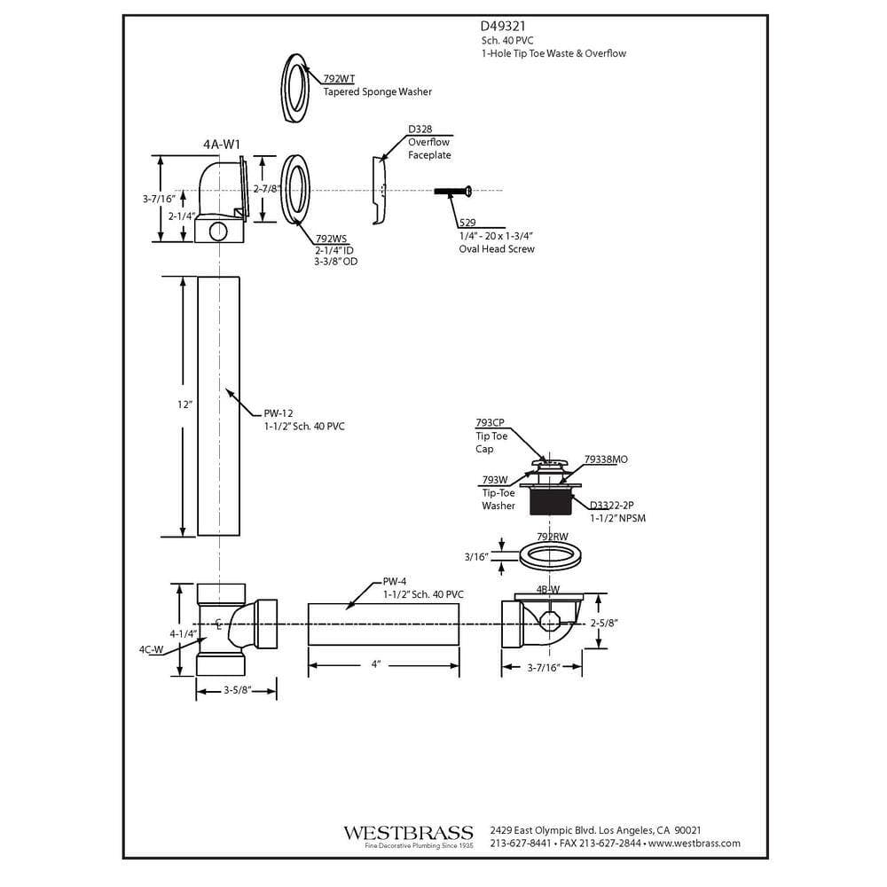 Westbrass 1-1/2 in. 12 in. Bath Waste & Overflow with One-Hole Faceplate and Tip-Toe Drain - Sch. 40 PVC (2)