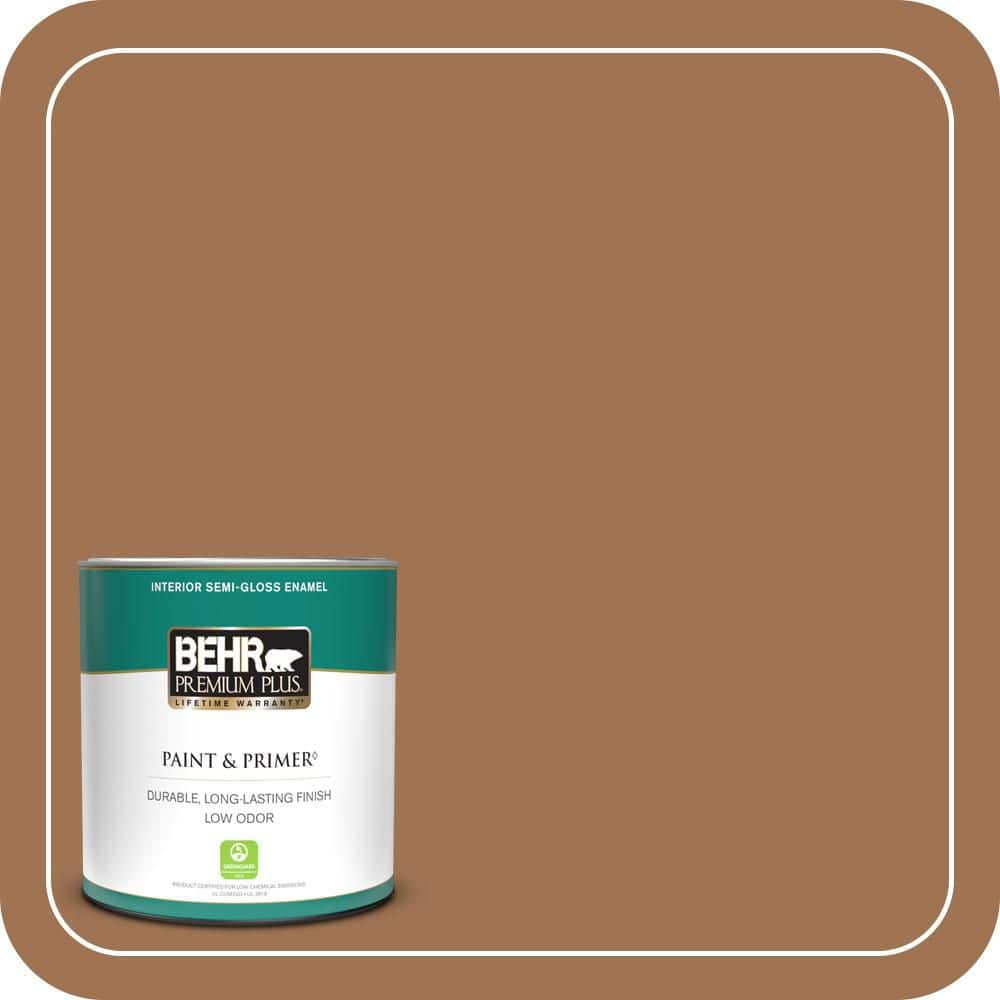 BEHR PREMIUM PLUS 1 qt. #S240-6 Ranch Brown Semi-Gloss Enamel Low Odor Interior Paint & Primer