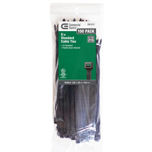 Commercial Electric 8in Standard 50lb Tensile Strength UL 21S Rated Cable Zip Ties 100 Pack UV (Black) (2)