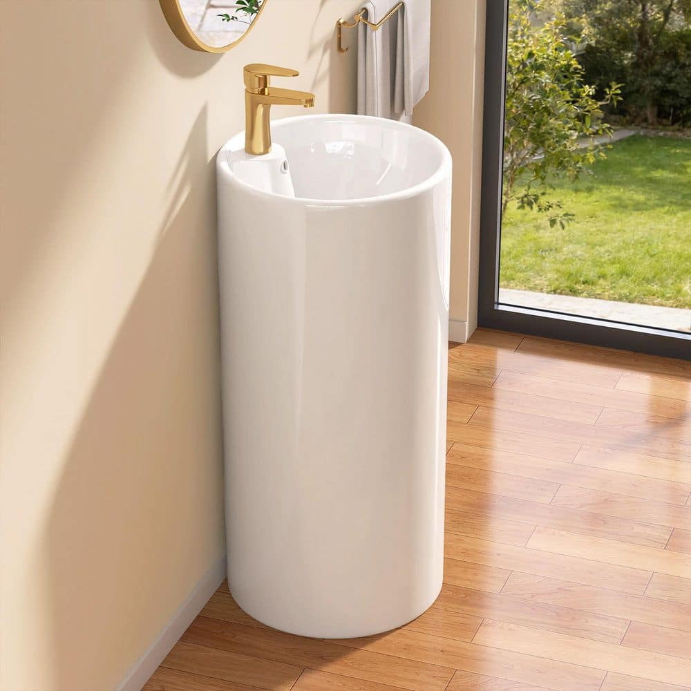 Zeafive 16.12 in. L x 16.12 in. W x 33.44 in. H Pedestal Bathroom Sink White Ceramic Circular Basin with Overflow, Pop-Up Drain (1)