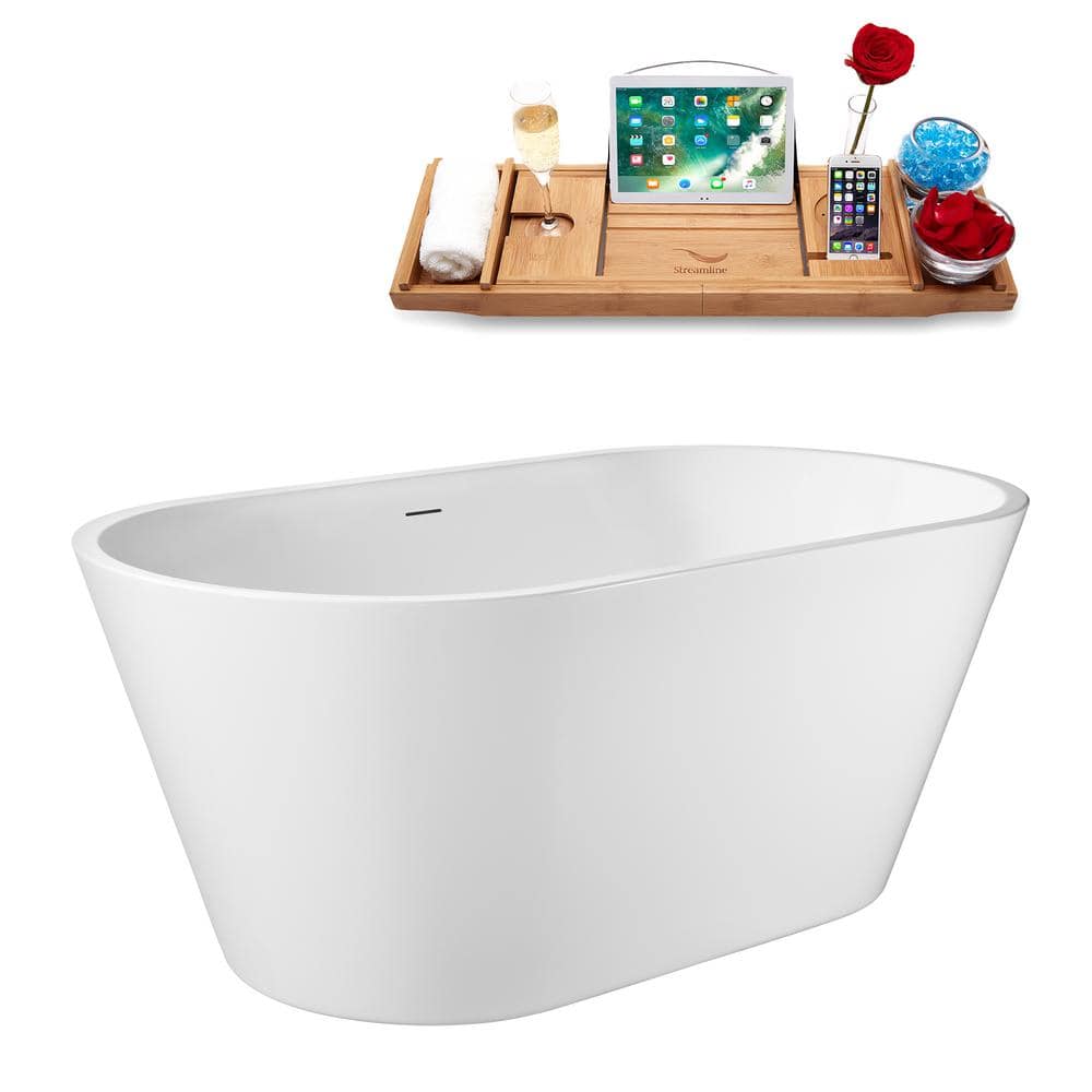 Streamline 59 in. x 30 in. Acrylic Freestanding Soaking Bathtub in Glossy White with Matte Black Drain, Bamboo Tray (3)