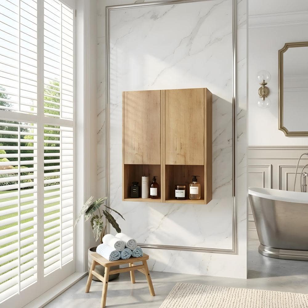 Zuvandra 23.62"W x 9.81"D x 29.5"H Plywood Bathroom Wall Cabinet in Imitative Oak,Open Shelf (2)