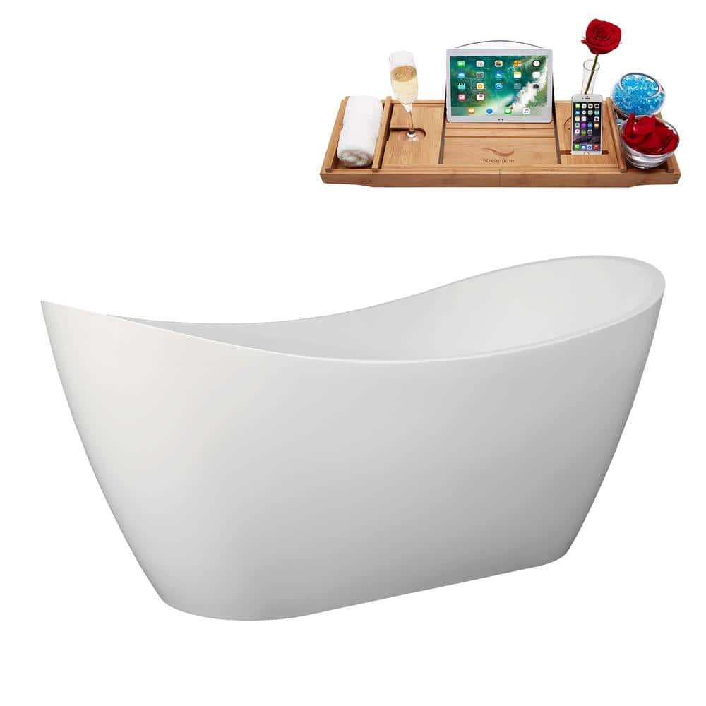 Streamline 67 in. x 32 in. Acrylic Freestanding Soaking Bathtub in Glossy White With Brushed Brass Drain, Bamboo Tray (2)