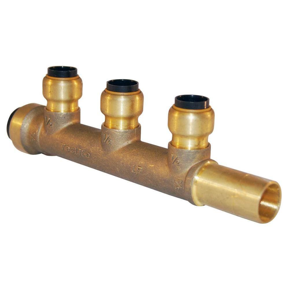 Tectite 3/4 in. Brass Push-To-Connect Inlet x 3/4 in. CTS Stem 3-Port Open Manifold with 1/2 Brass Push-To-Connect Outlets (2)