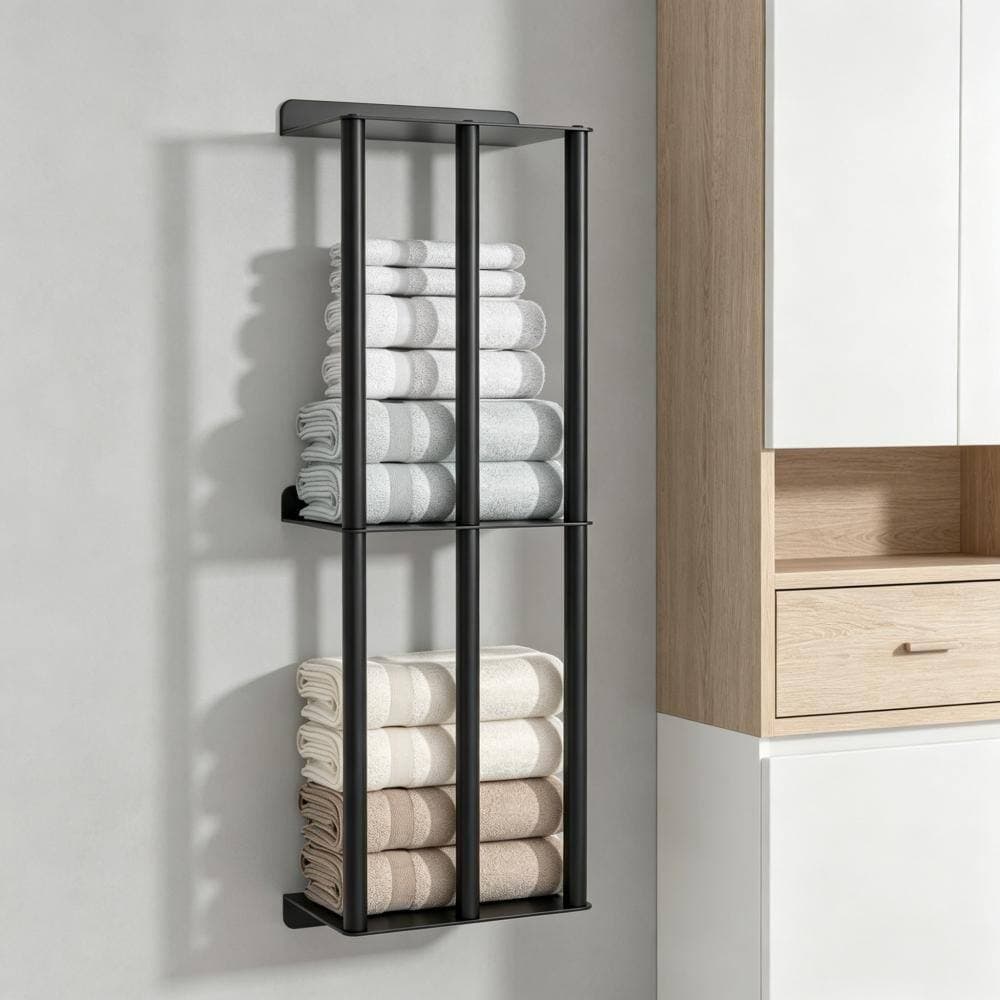Whatseaso 8.9 in. W 26 in. H x 5.9 in. D 2-Tier Towel Rack with 3-Vertical-Bars Metal Towel Storage Shelf in Black (3)