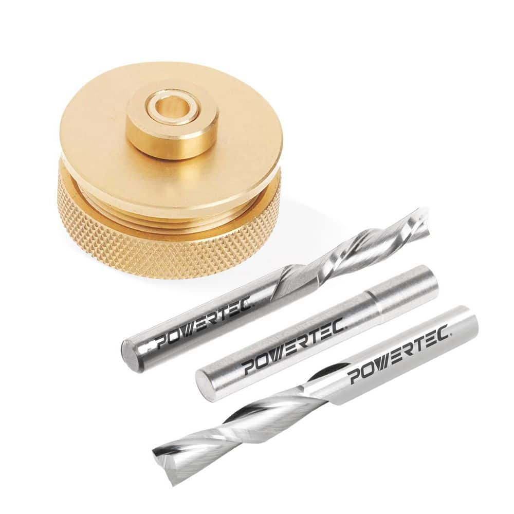 ‎POWERTEC Solid Brass Inlay Set w/Router Bits 1/4 in. D 1/4 Shank, 2-1/2 Overall Length with 1 in. 3/4 in. Cutting Length-4-Pieces