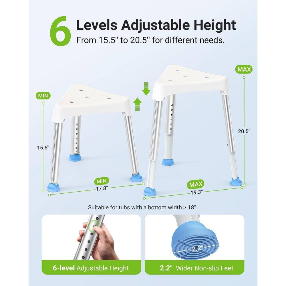 Wudkey 400 lb. Triangular Non-slip Aluminum Shower Chair in White for Elderly and Disabled with Adjustable Height (2)