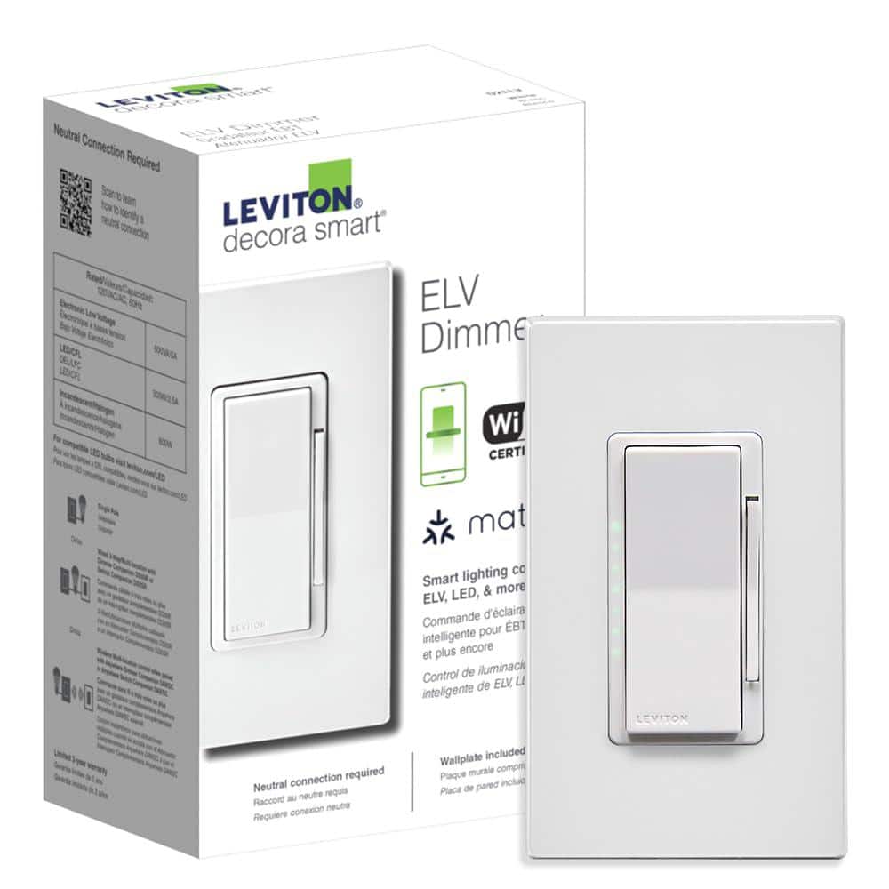 Leviton Decora Smart ELV/LED, Phase Selectable Rocker Dimmer Switch, Wi-Fi 2nd Gen, Neutral Wire Required, White D2ELV-1BW (1)