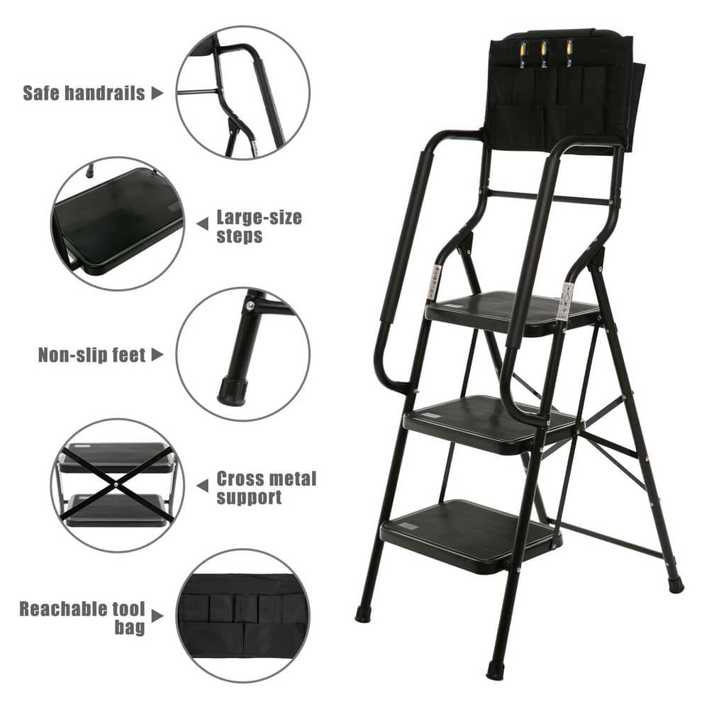 TITANKIT PRO 3-Step Steel Step Ladder (7 ft. Reach) w/500 lbs. Load Capacity, Safety Handrails Removable Tool Bag and Anti-Slip Steps (3)