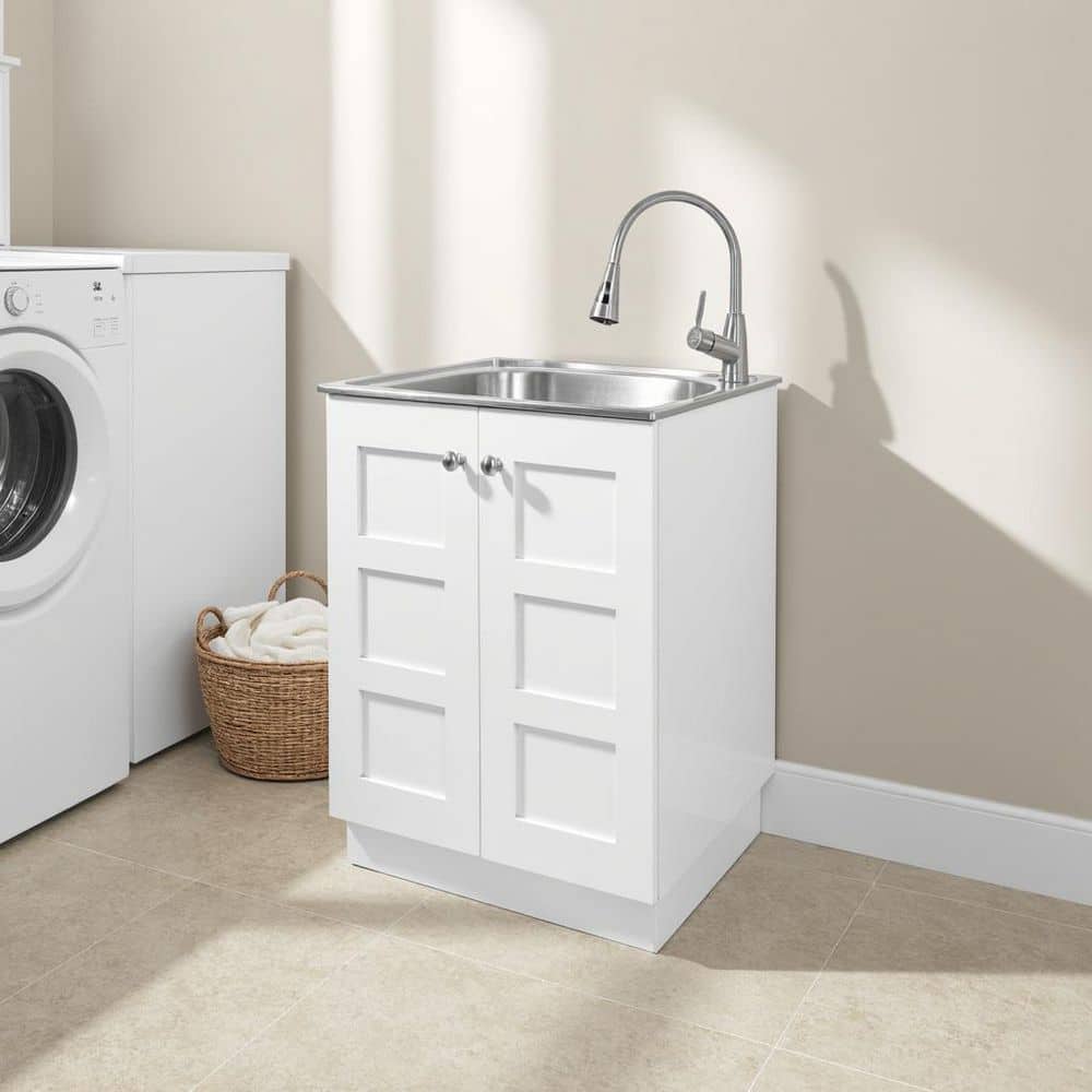 Glacier Bay 24 in. W x 21 in. D x 34 in. L Stainless Steel Laundry Sink with Faucet and Double Doors Cabinet in White (2)