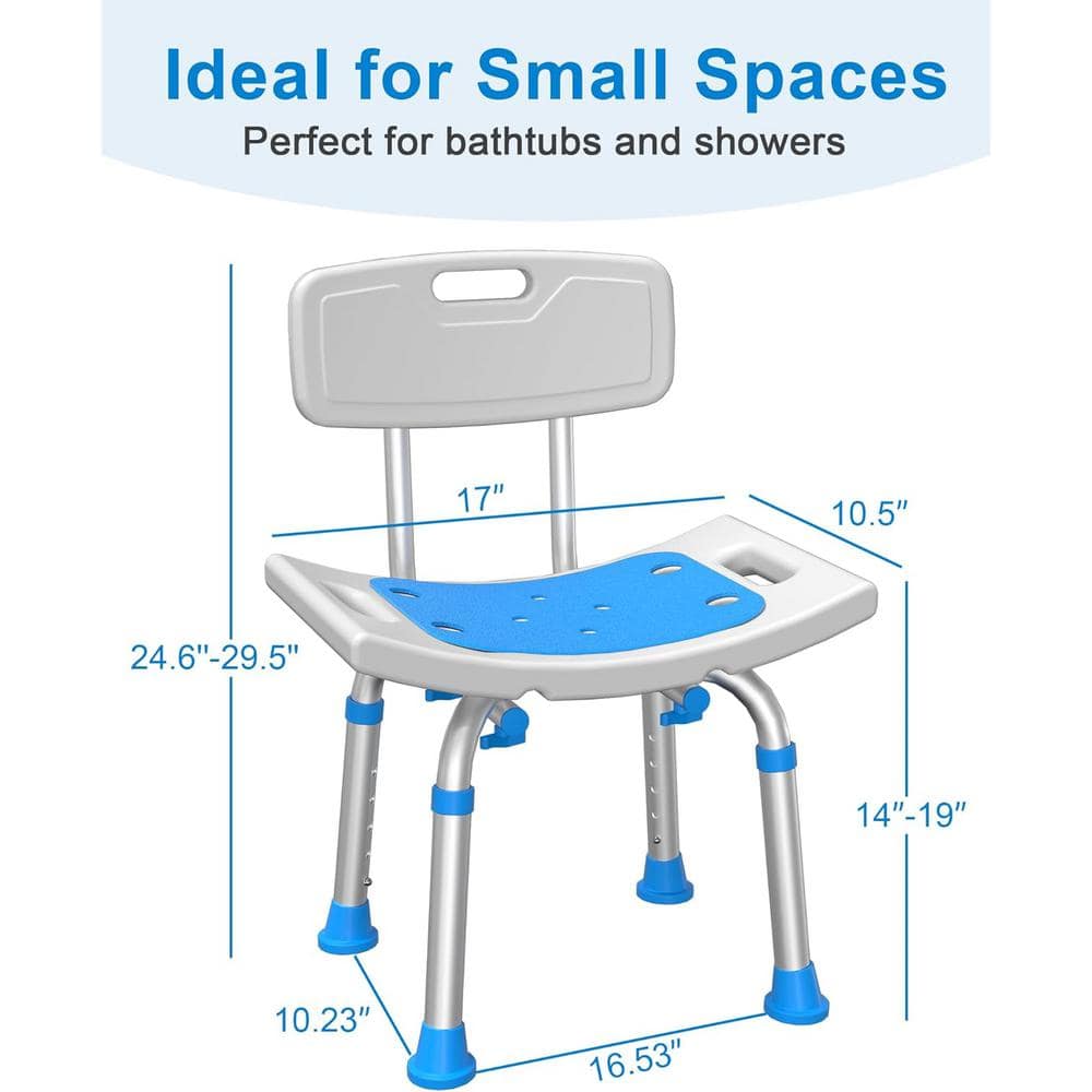 Adrinfly 17 in. Heavy Duty Aluminum Shower Chair for Seniors and Disabled with Height Adjustable and Removable Back in White/Blue (3)
