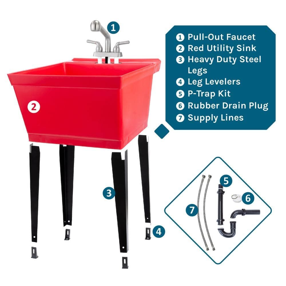 TEHILA 22.875 in. x 23.5 in. Thermoplastic Freestanding Red Utility Sink Tub with Non-Metallic Stainless Finish Pull-Out Faucet (3)