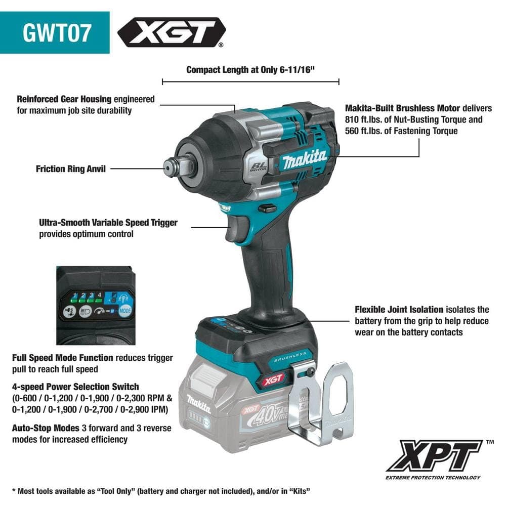Makita 40V max XGT Brushless Cordless 4-Speed Mid-Torque . Impact Wrench w/Friction Ring Anvil (3)