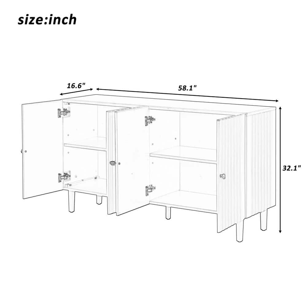 Unbranded 58.1 in. W x 16.6 in. D x 32.1 in. H White Linen Cabinet with Wavy Pattern Doors, Cylindrical Legs, Sleek Metal Handles (3)