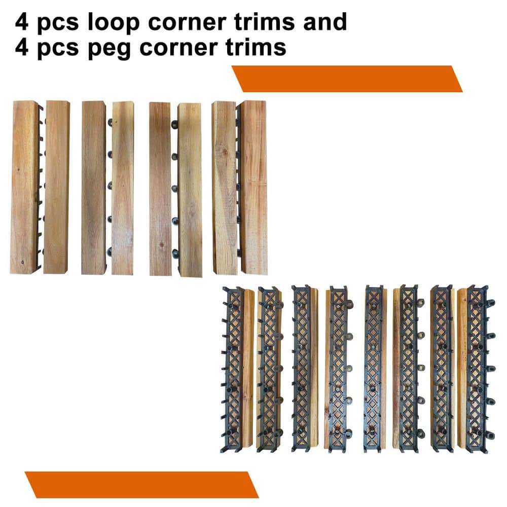 Pro Space Acacia Wood Interlocking Deck Tile Straight Edge Trim-4 pcs pegs and 4 pcs loops, 1ft x 4.7inch (2)