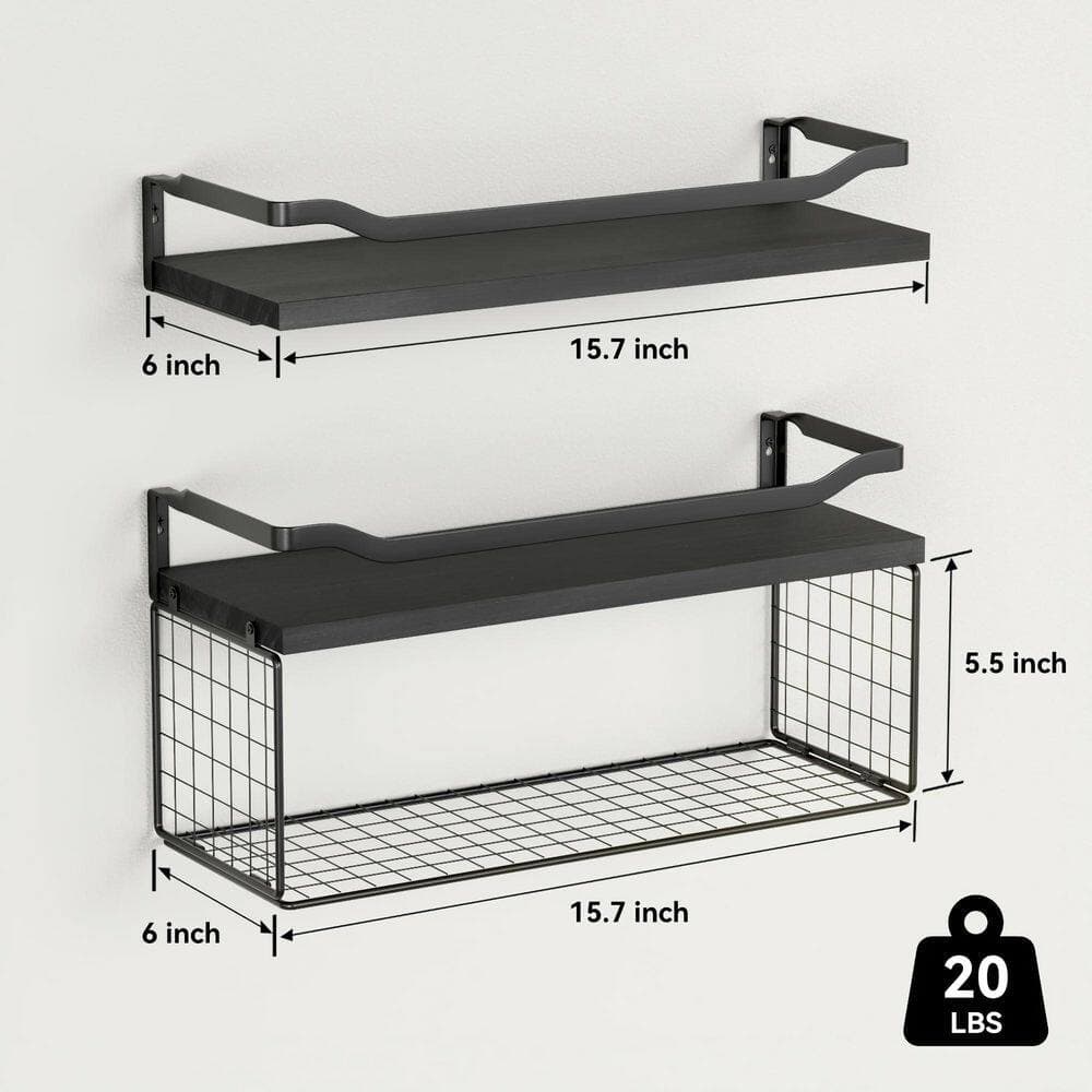 Wudkey 15.7 in. W x 5.5 in. H x 6 in. D Floating Wall Shelves with Wire Basket and Metal Guardrail, Over Toilet Storage, Black (2)