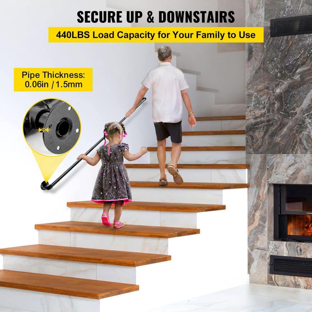 VEVOR 4 ft. Pipe Stair Handrail 440 lbs. Load Capacity Wall Mounted Handrail Round Corner Handrails for Outdoor Steps, Black (2)