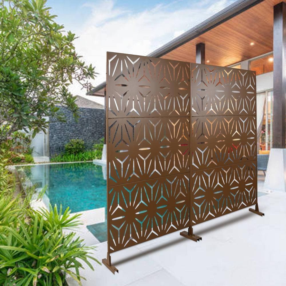 Zeus & Ruta 6.3 ft. H x 4 ft. W Brown Metal Privacy Screen Freestanding Decorative Privacy Screen for Patio (3 Panels) (2)