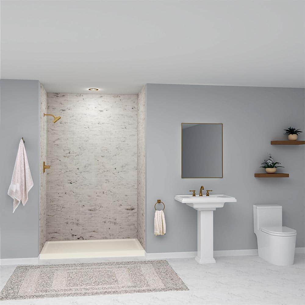 Transolid SaraMar 36 in. x 60 in. x 96 in. 3-Piece Easy Up Adhesive Alcove Shower Wall Surround in Sand Creme (1)