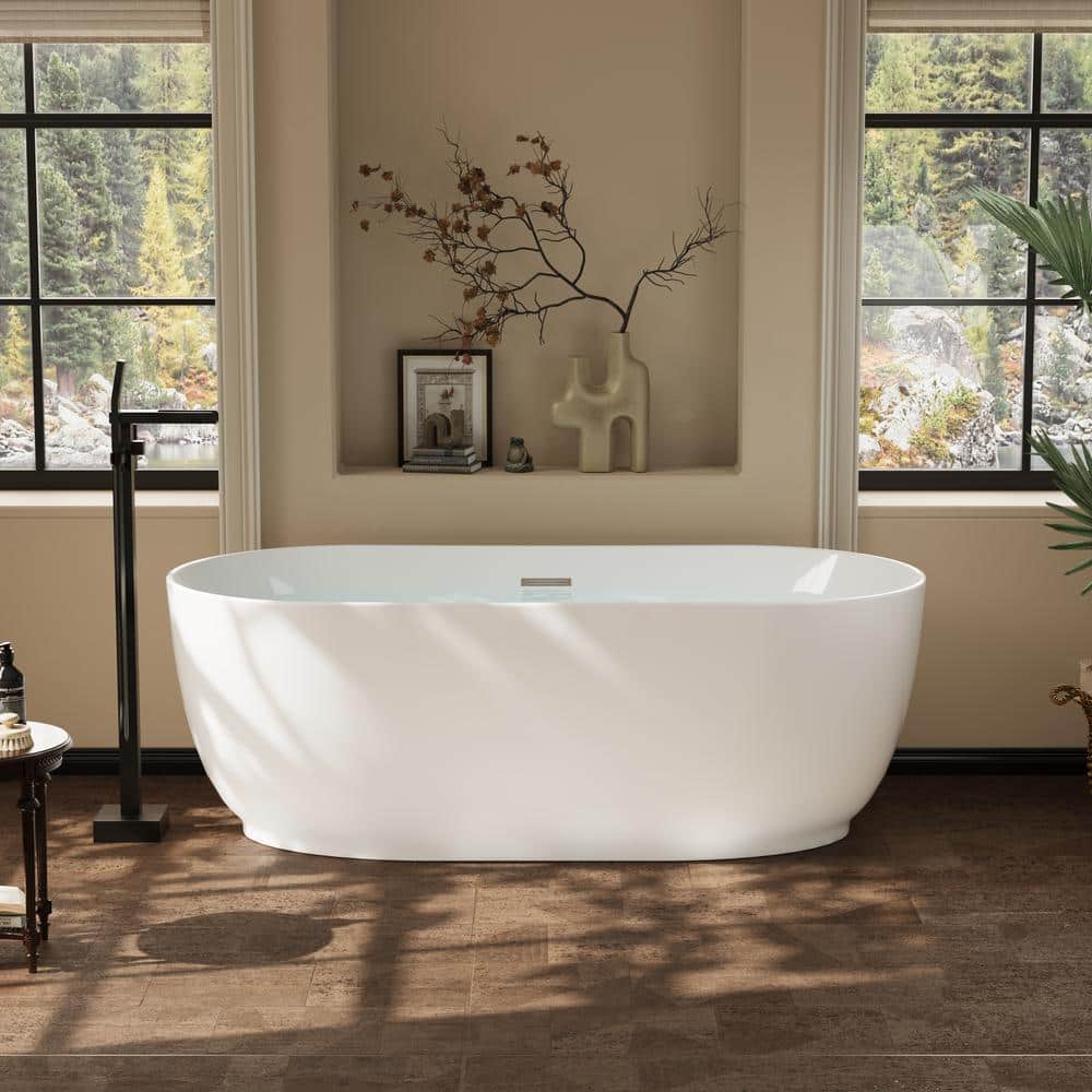 FORCLOVER 67 in. x 31.5 in. Freestanding Soaking Bathtub with Center Drain and Groove Overflow in White/Polished Chrome (1)