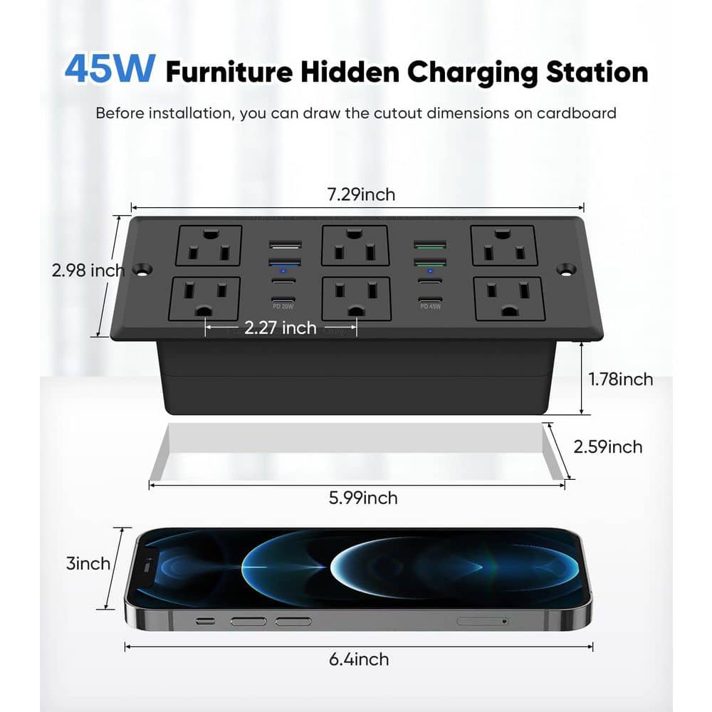 OBJLGEV 6 ft. Power Cord 6-Outlet 4 USB-C Ports 4 USB-A Ports Surge Protector with 45-Watt Fast Charging and 1200J Protection (2)