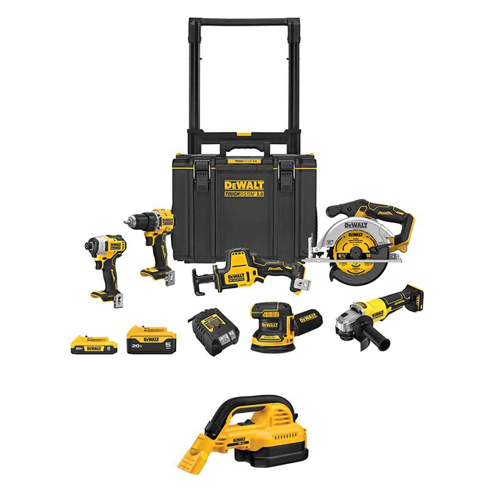DEWALT 20V Lithium-Ion Cordless 6-Tool Combo Kit and Wet/Dry Vac with 5 Ah and 2 Ah Batteries Charger and Rolling Toolbox (1)
