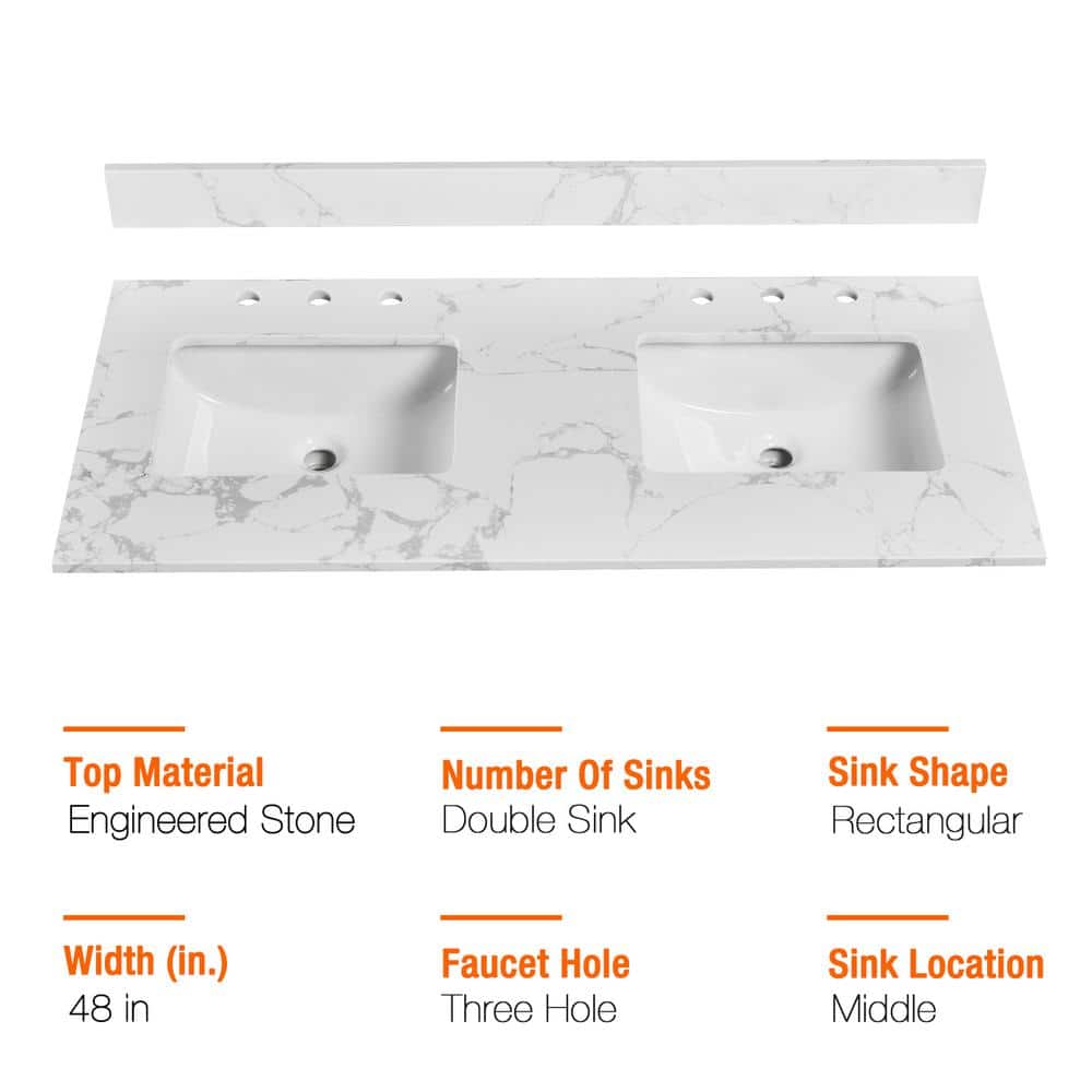 PROOX 48 in. W 22 in. D Engineered Stone Composite White Rectangular Double Sink Bathroom Vanity Top (4)
