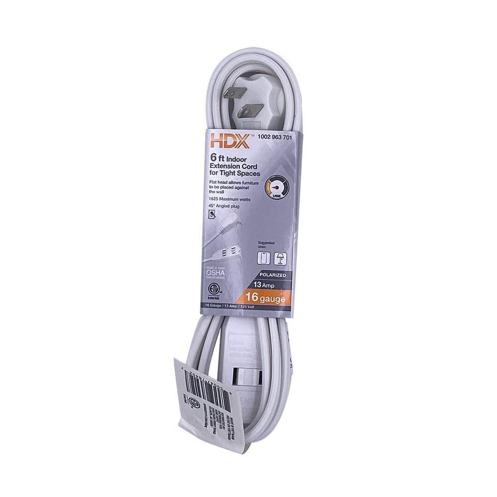 HDX 6 ft. 16/2 Light Duty Indoor Tight Space Multi-Outlet Extension Cord, White