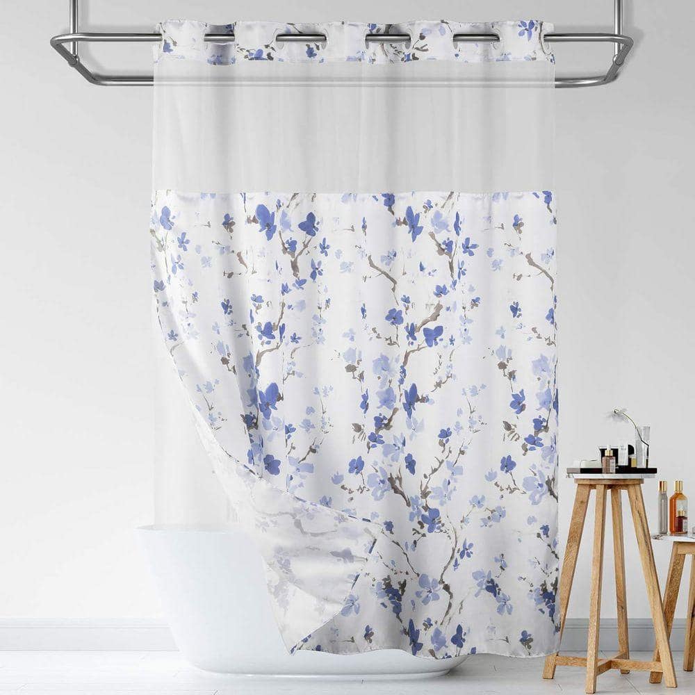 Unbranded SnapHook Shower Curtain with Snap-in Liner and See-Through Top Window, Machine Washable 71 x 74 Blue Blossom Polyester (3)