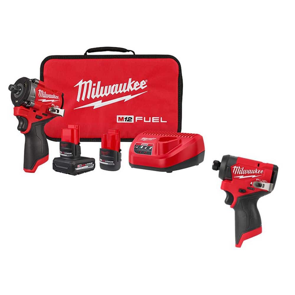 Milwaukee M12 FUEL 12V Li-Ion Brushless Cordless Stubby 1/2 in. Impact Wrench Kit w/ Impact Driver & Batteries (1)