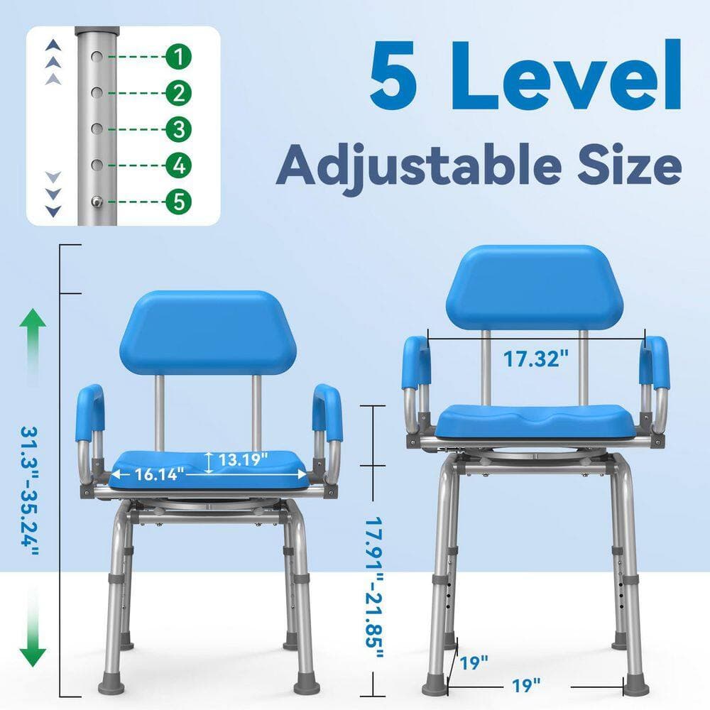 Anqtovp 18in W Freestanding Swivel Shower Chair with Arms and Back, Padded Shower Bench for Elderly and Disabled, 400 lbs, Blue (2)