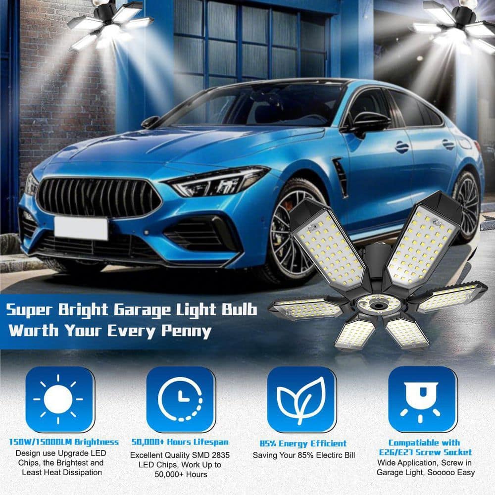 Lukyamzn LED Garage Light Bulbs with 6 Deformable Panels 6500K 60000-Lumens E26 Base for Basement Workshop Attic 4-Pack (2)