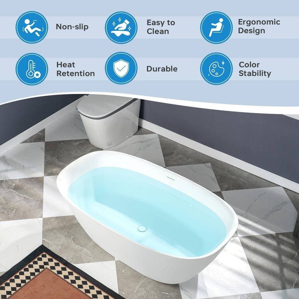WOODBRIDGE L 32.63 in. W Luxury Solid Surface Stone Resin Freestanding Soaking Bathtub with Center Drain (4)