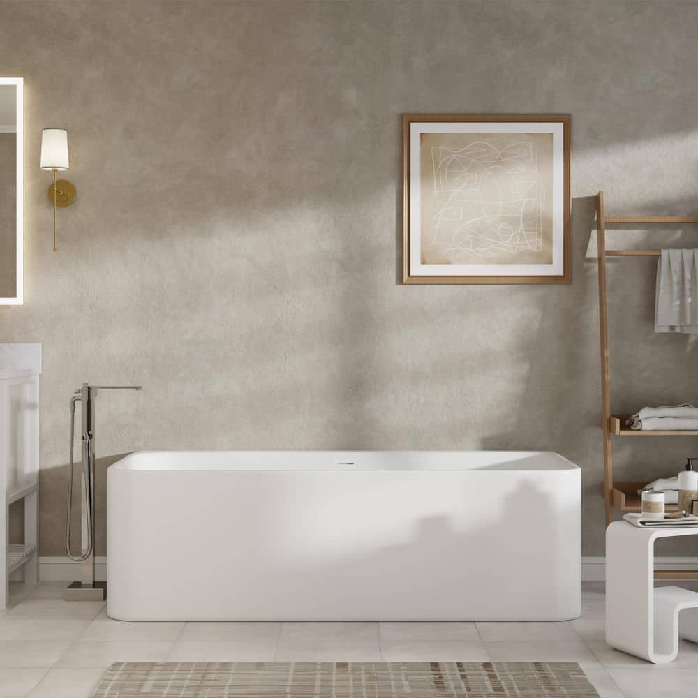 CASAINC 31.5 in. Rectangle Solid Surface Stone Flatbottom Freestanding Soaking Bathtub with Center Drain (2)
